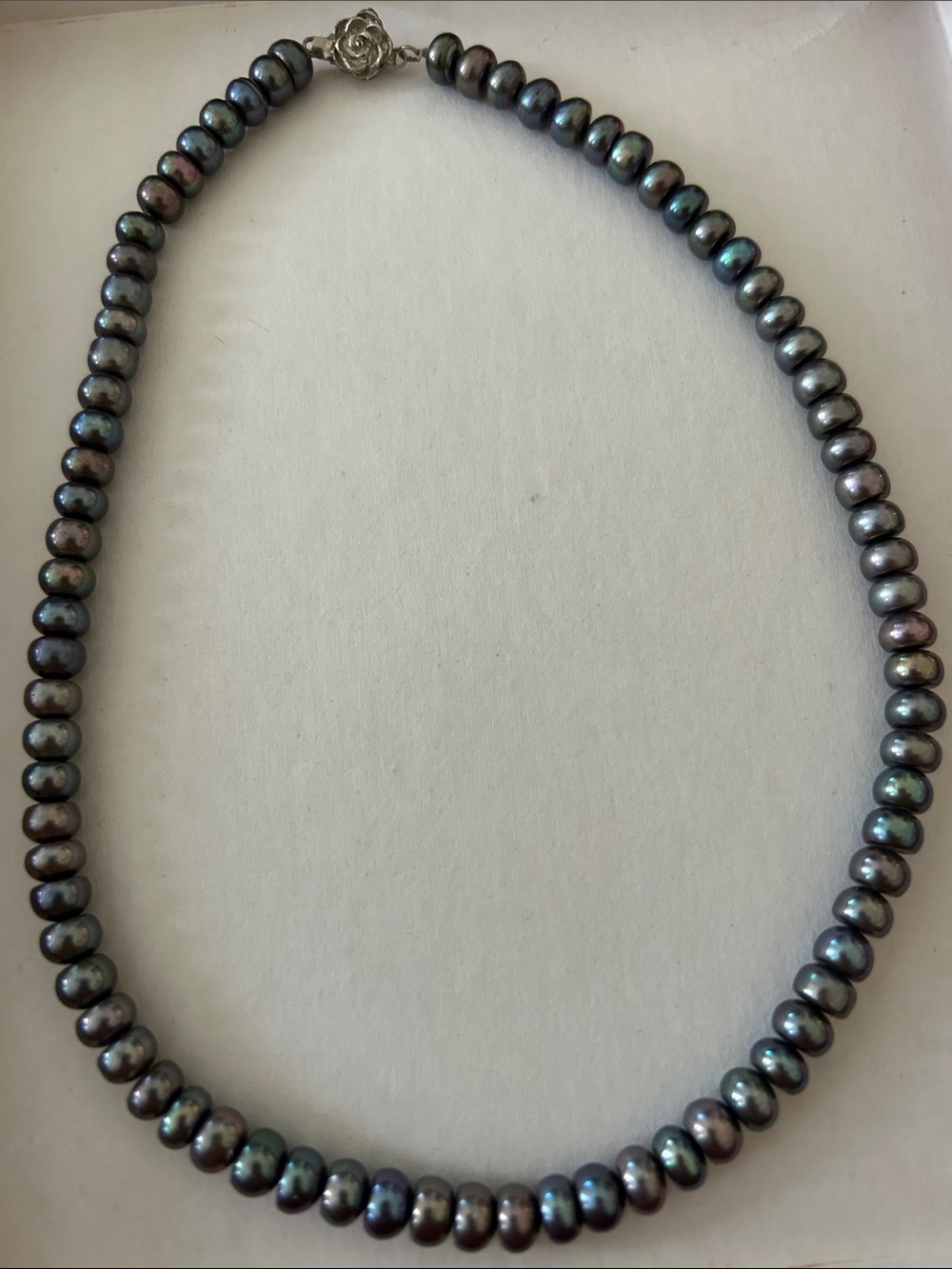 Handcrafted Black Iridescent Pearl Necklace 16”.